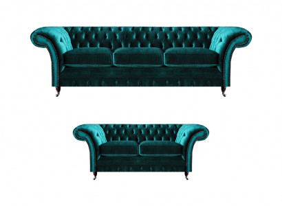 Gréng Chesterfield gepolstert Sofas Wunnzëmmer 2x Sofas Zweisëtzer 3-Sëtzer