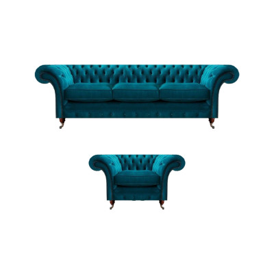 Hellblo Chesterfield Polstersëtzer Designer 3-Sëtz Sofa Sessel