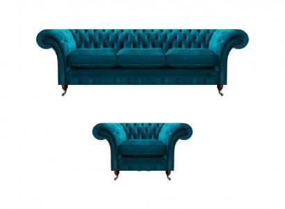 Hellblo Chesterfield Polstersëtzer Designer 3-Sëtz Sofa Sessel