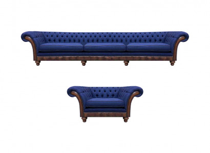 Blo Chesterfield Polstermöbler Designer 3-Sëtzer Sofa Stoffvitrinn 2-Deeler