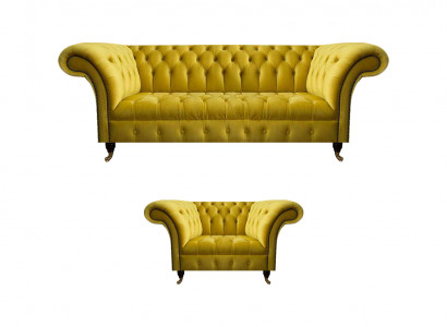 Modern giel Chesterfield Polstergarnitur Edle 3-Sëtzer Textilsessel