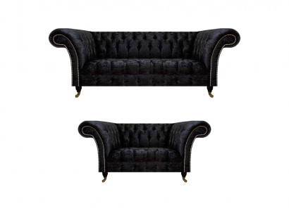 Luxuriéis Chesterfield Schwaarz Textil Sëtzgrupp Wuesszëmmer Miwwelen