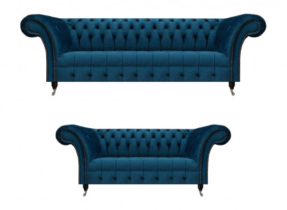 Luxuriéis Blo Chesterfield Textilgarnitur dräi-Sëtzer Sofa Zweesëtzer
