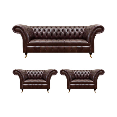 Luxus brong Chesterfield Liederemöbel Designer Dräisëtzer 2x Still 3 Stéck.
