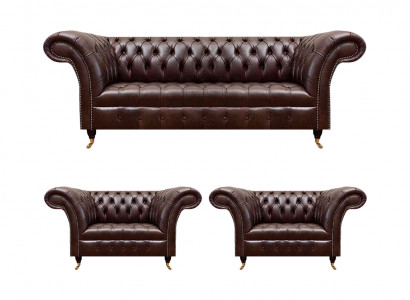 Luxus brong Chesterfield Liederemöbel Designer Dräisëtzer 2x Still 3 Stéck.
