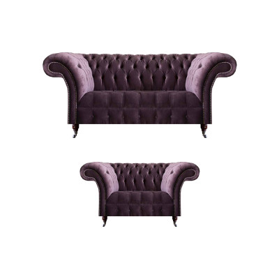 Komplett lila Chesterfield Sëtzgrupp Textil Dräisëtzer 2-Sëtzer 2tlg