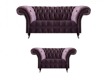 Komplett lila Chesterfield Sëtzgrupp Textil Dräisëtzer 2-Sëtzer 2tlg