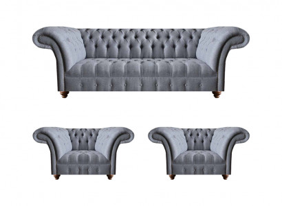 Chesterfield Hellgrou Sofagarnitur Edler Polstersofa Dräisëtzer 2x Still