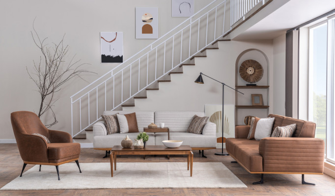 Moderne Dräisëtzer Sofa an Fotell Braun Polstermiwwel Set fir Wunnzëmmer