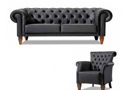 Schwaarz Chesterfield Sëtzgrupp Lieder Sofa Moderne Eenzelsëtz 2-Stéck Set