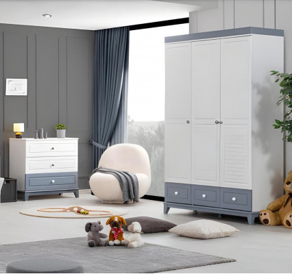 Kannerzëmmer Set Kleederschaf modern Kommode Holzmiefler Schlofkummer Nei