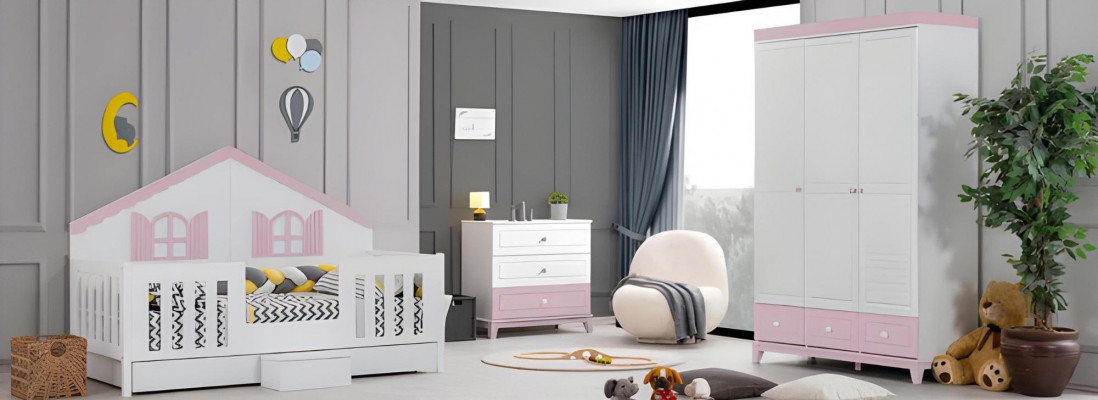 Kannerzëmmer Set Modern Besteet aus Kannerbett Schaf Kommode 3tlg nei