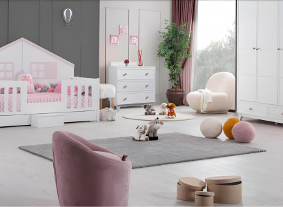 Kannerzëmmer Set Modern Bett Méifarweg Kleederschaf Kommode Hell Neit