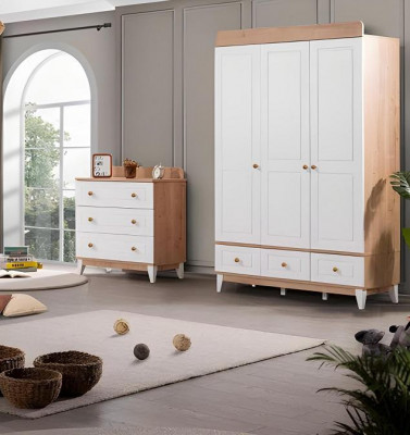 Luxus Kannerzëmmer Set Garnitur Kleederschaf Wäiss Modern Holz Kommode