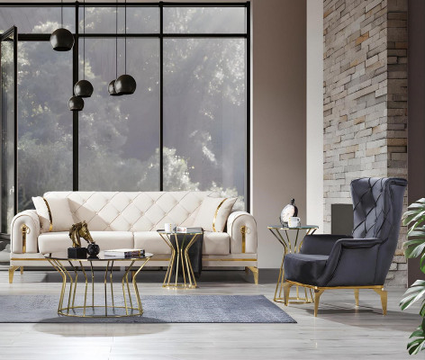 Exklusiv Chesterfield Couchgarnitur Wäissen Dräisëtzer Groe Fauteuil