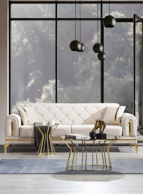 Chesterfield Edelstahl Canapé Wäissen Wunnzëmmer Dräisëtzer Luxus Miwwelen