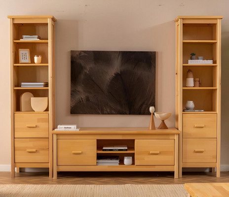 Luxus beige Wunnzëmmer Set RTV-Stänner 2x Holz Vitrinnen 3 Deeler