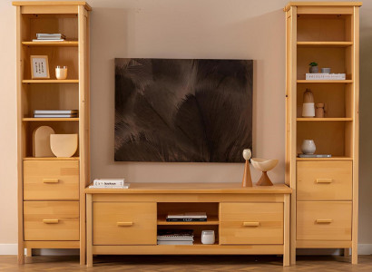 Luxus beige Wunnzëmmer Set RTV-Stänner 2x Holz Vitrinnen 3 Deeler