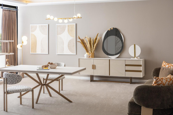 Hellbeige Anrichte Designer Iesszëmmer Miwwelen Luxuriéis Kommode Holzmiwwelen