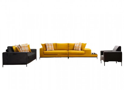 Wunnzëmmer-Set 3 Deeler Giel 3-Sëtzer Schwaarz 2-Sëtzer Fauteuil Textil Modern