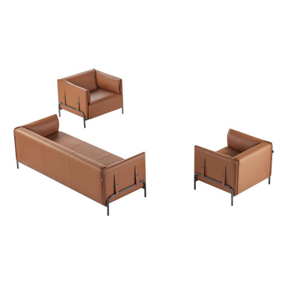Bürosëtzmobiliär-Set 3-deeler 3-Sëtzer mat 2x Fauteuil Aarbechtszëmmer Braun Faarf