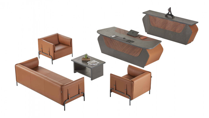 Braun-grau Aarbechtszëmmer Miwwelen 3-Sëtz-Sessel Büro-Dësch Sideboard 6-Stéck