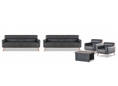 Designer schwaarz Sëtzgrupp 2x Lehnessel Dräisëtzer Coffertsch 5tlg