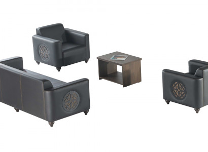 Aarbechtszëmmer-Set 4tlg Schwaarz 3-Sëtzer 2x Fautteuil Braun Dësch Modern