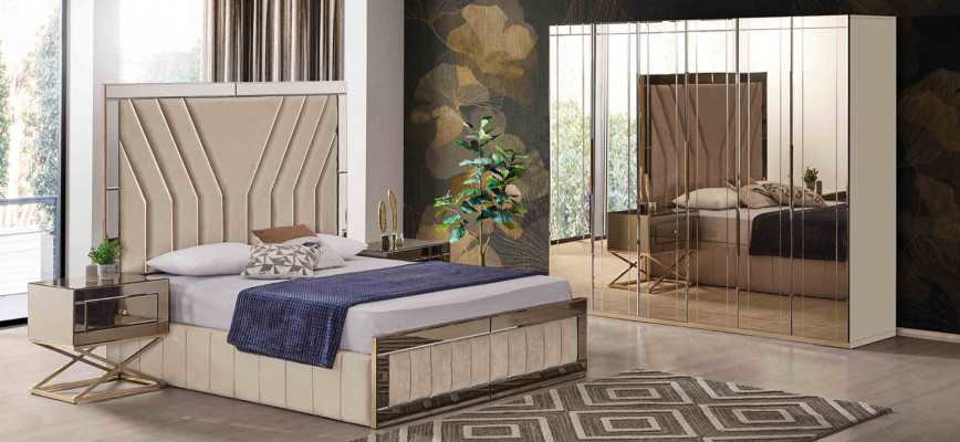 Beige Schlofzëmmer Bett Designer Duebelbett Luxus Bettgestell Bett