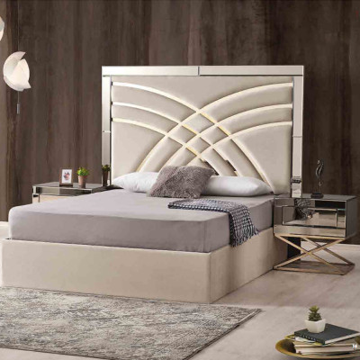 Beige Schlofkummer Miwwelen Textilbett Luxuriéis Holz 2x Nuetsdëscher 3tlg