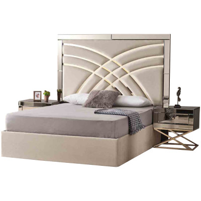 Beige Schlofkummer Miwwelen Textilbett Luxuriéis Holz 2x Nuetsdëscher 3tlg