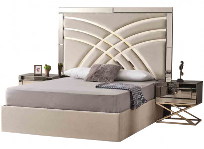 Beige Schlofkummer Miwwelen Textilbett Luxuriéis Holz 2x Nuetsdëscher 3tlg