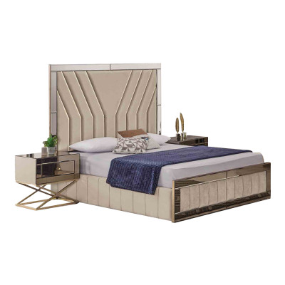 Luxuriéist Schlofzëmmer Set Designer Duebelbett Holz 2x Nuetsdëscher 3tlg