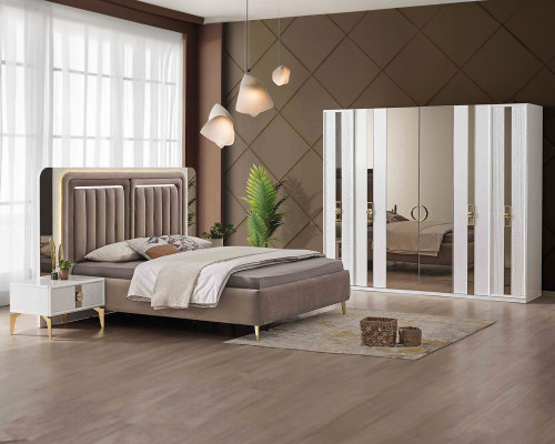 Braun-wäisst Schlofzëmmer Set Designer Duebelbett 2x Nofschréiner 3tlg