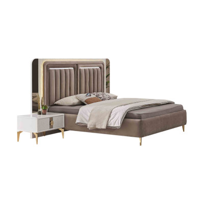 Braun-wäisst Schlofzëmmer Set Designer Duebelbett 2x Nofschréiner 3tlg