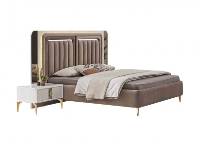 Braun-wäisst Schlofzëmmer Set Designer Duebelbett 2x Nofschréiner 3tlg