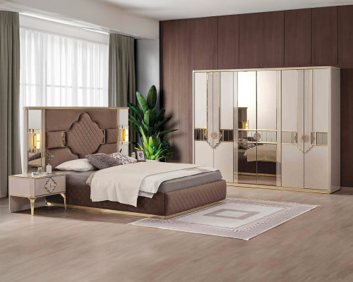 Braun-Beige Exklusiv Schlofzëmmer Sets Duebelbett 2x Nuetsdëscher
