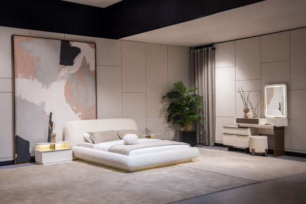 Elegant wäiss Schlofzëmmerkombinatioun Doppelbett Schminktisch Nuetsdëschercher