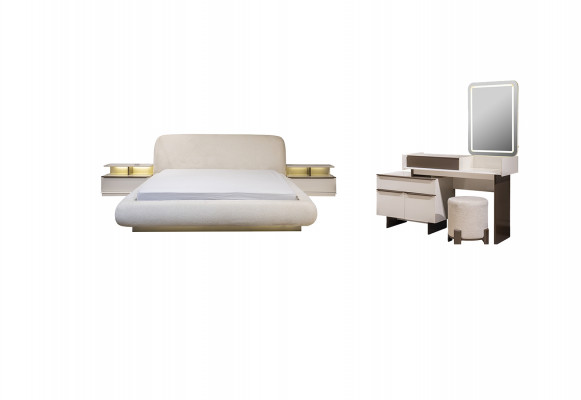 Elegant wäiss Schlofzëmmerkombinatioun Doppelbett Schminktisch Nuetsdëschercher