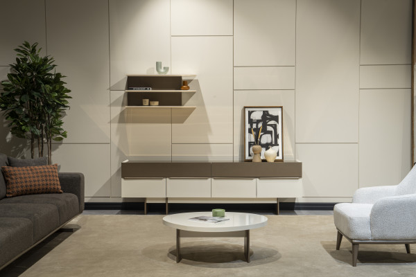 Beige-brong Wunnenzëmmer Garnitur Holz Miwwelen Edel Sideboard Wandregal