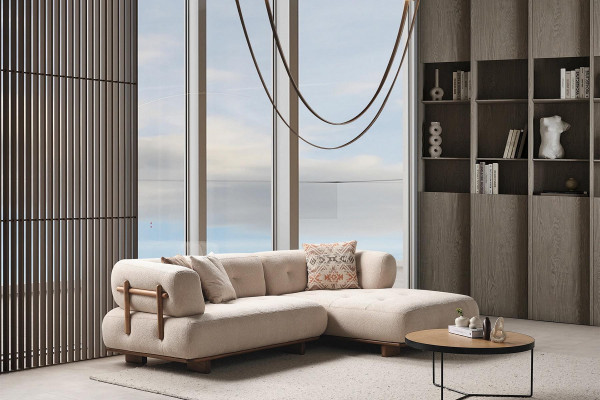 Modern beige L-förmeg Designer Canapé Wunnzëmmer Sëtzsofa Edel Eckcanapéen