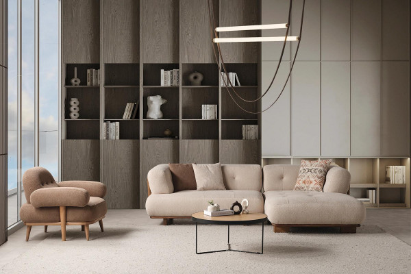 Schéine beige-brongen Sofagarnitur Stilvollen Ecksofa Textilsessel zweedeeler.