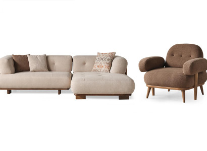 Schéine beige-brongen Sofagarnitur Stilvollen Ecksofa Textilsessel zweedeeler.