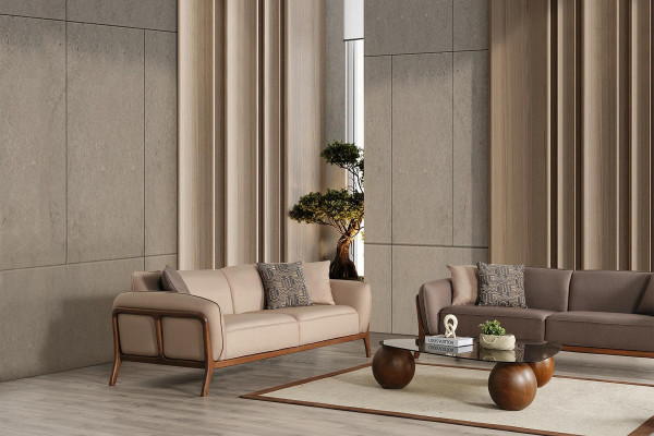 Stilvoll beige dräisëtzeger Garniture Wunnzëmmer Polstercouchen Sëtzméiwwel