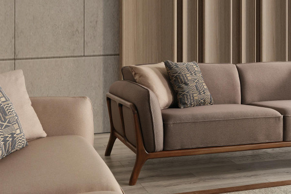 Stilvoll beige dräisëtzeger Garniture Wunnzëmmer Polstercouchen Sëtzméiwwel