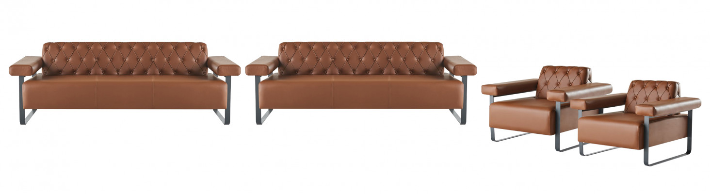 Sofagarnituren 3-Sëtzer 2x Fauteuil Edelstahl Chesterfield Design Braun