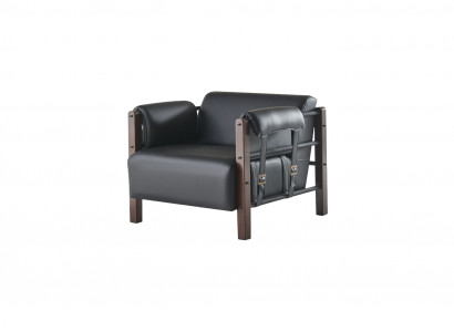 Schwaarze moderne Fauteuil aus Holz a Lieder, mëll Aarmlehnen, eene-Sëtzer.