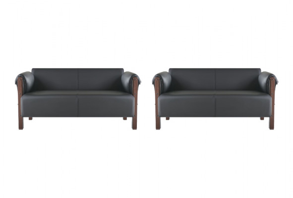 Canapé Modern Sofa-Set 2-Sëtzer Ledersofa Schwaarz Holz Lieder Sofaen