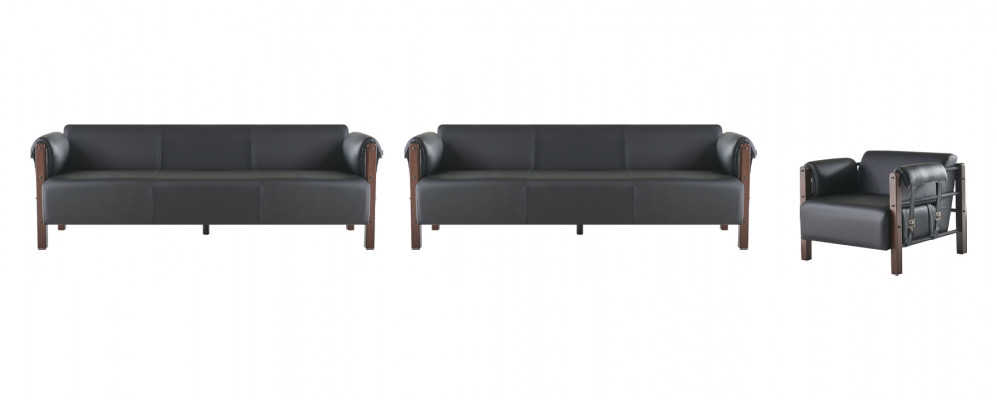 Sofagarnituren Sofa-Set 3-Sëtzer Stillbësch Schwarz Holz Sofas Ledersofas