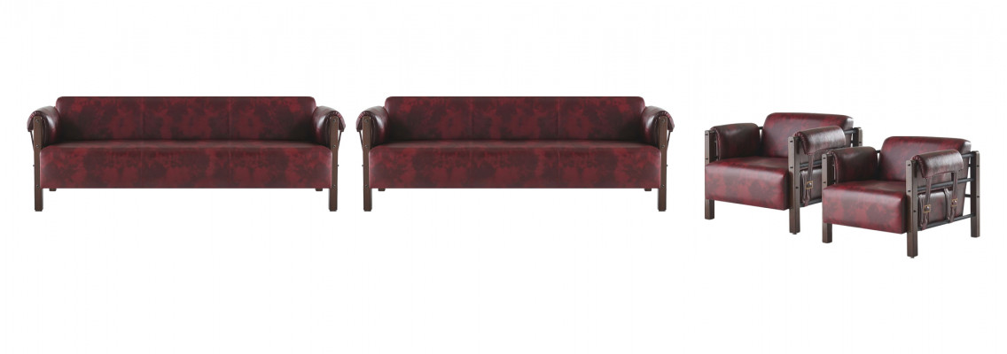 Ledersofaen Holz 3-Sëtzer Fauteuil Bordeaux Modern Lieder Canapé Vintage 4tlg.